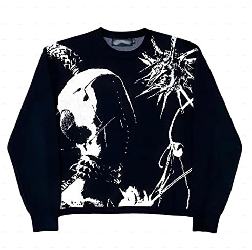 DIANN Y2k Pull Tricoté Graphique Hommes Chandails Top Vintage Lâche Distressed Pulls Casual Harajuku Automne Femmes Tricots-Noir,XL