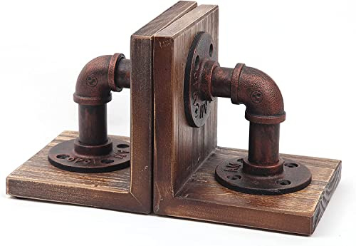 LINKPIPES Industril Stil Holz Bookends, Pipe Book End Robuste Bookends Halter für Bücher und Filme, 1 Paar (Rotbronze)