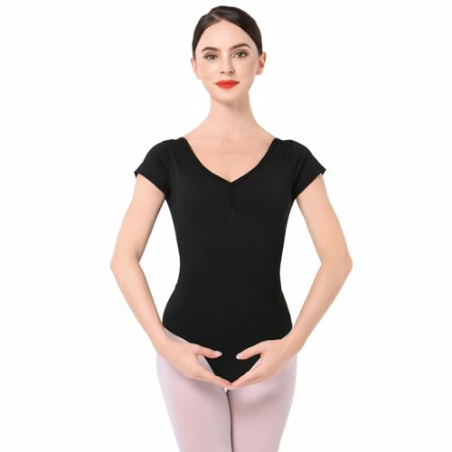 IMEKIS Damen Ballettanzug Kurzarm V-Ausschnitt Ballett Trikot Blumenspitze Rückenfrei Tanzbody Gymnastikanzug Einfarbig Gymnastik Ballerina Top Tanzbekleidung Schwarz M