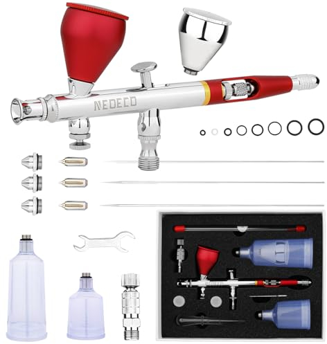 NEOECO SJ83 Airbrush, Self-Centring Plug-in Nozzle，0.2, 0.3 & 0.5mm Nozzle Sets and 1/3 oz Cup, Dual-Action Gravity Feed Airbrush with 1/3 oz,2/3 oz,4/3 oz Replacement Cups (RED)