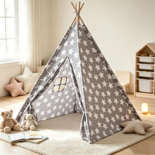 Benebomo Tipi Kinderzelt mit Sternen-Design | Faltbares Wigwam Spielzelt für Indoor & Outdoor | Zelt für Kinderzimmer & Garten mit Tragetasche | Geschenk für Jungen und Mädchen (Stern)