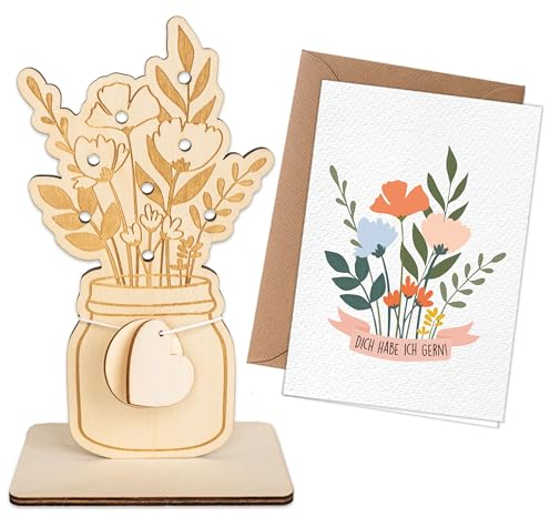 Papierdrachen Holzaufsteller Blumenvase mit Postkarte & Umschlag - Holz - leicht & langlebig - vielseitige Anwendung - Muttertag - Geburtstag - Geschenkidee - wiederverwendbar