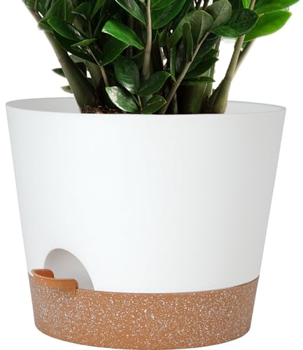 SwinDuck 12inch Large Self Watering Plant Pot, Plastic Cylinder Planter with 60Oz Deep Reservoir and Saucer for Indoor Outdoor Plants Flowers Houseplants, White with Brown