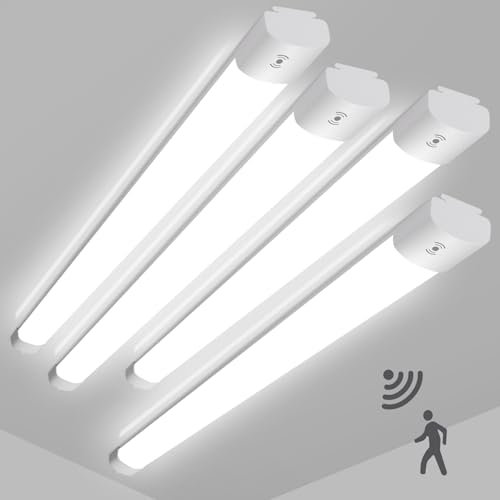 LEOEU 4 Stück 45W LED Feuchtraumleuchte mit Bewegungsmelder, 4950LM 150CM LED Röhre, IP65 Wasserdicht Kellerleuchte, Deckenlampe mit Bewegungsmelder für Büro Flur Treppe Garage Abstellraum, 4000K
