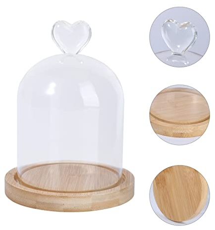 DEARMAMY Couvercle En Verre Transparent Avec Base En Bois 11X8.5X16Cm Dôme En Verre Coeur Pour Décoration Maison Fleurs Séchées Présentoir Cadeau Femme Rose Eternelle