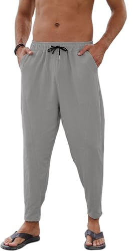 Yutdeng Pantaloni di Lino e Cotone Estivi per Uomo - Harem Leggeri Casual Comodi Baggy Elastici in Vita Con Quattro Tasche - Yoga Hippies Spiaggia, Grigio, M