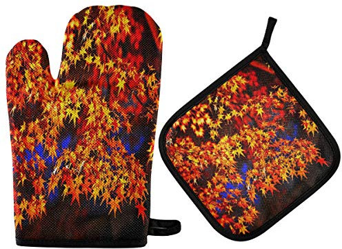 Vikeiac Rote Ahornblätter Ofenhandschuhe Topflappen Set Herbst rutschfeste Kochen Küchenhandschuhe waschbar hitzebeständig Ofenhandschuhe für Mikrowelle BBQ Backen Grillen