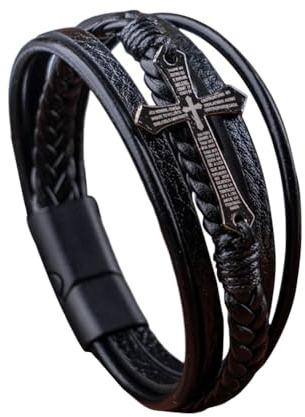Bracelet Homme Croix en Cuir Tressé Avec Croix Multicouche, Fermoir Aimanté Fait à la Main