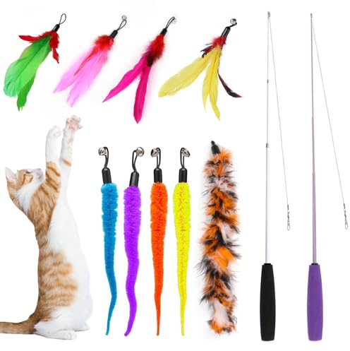Interaktives Katzenspielzeug, 11 Stück Katzen Spielzeug mit Federn, 2 STK Versenkbare Katzenangel mit Ersatzfedern Zauberstab Katzenball Katzenspielzeug Set Federspielzeug für Kitten Katzen