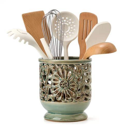 JH JIEMEI HOME Farmhouse Kitchen Utensil Holder for Countertop, Ceramic Large Cooking Utensil Crock with Cork Mat, Decorative Rustic Utensil Holder for Kitchen Counter, Hollow Carving Flower, Blue