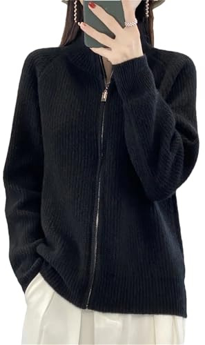 Hndudnff Cárdigan de punto de lana merino para mujer, casual, cuello alto, cremallera, chaqueta de cachemira gruesa, Negro, XL