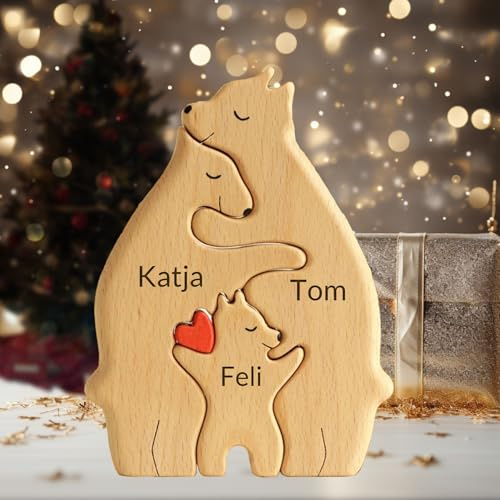 Bärenfamilie Personalisiertes Holzkunst-Puzzle mit 1-8 Namen, Personalisiertes Mama, Papa und Familie, Personalisiertes Holzpuzzle (Stil1)