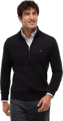 Tommy Hilfiger Herren Pullover mit Reißverschluss Essential Cotton Zip Thru Stehkragen, Schwarz (Black), XXL