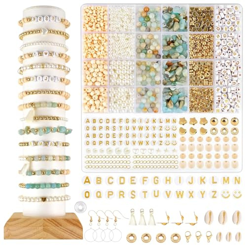 Euakee Natürliche Amazonit Perlen Edelstein Perlen Kit, Edelstein Perlen Perlen Set, DIY Armband Set, für DIY Armbänder Selber Machen Schmuck Halskette Ohrringe Kette für Kinder Erwachsene