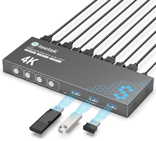 Switch KVM 4 PC 1 Monitor, Switch KVM HDMI 4K@60Hz con 3 porte USB 3.0 per 4 computer che condividono 1 monitor/tastiera/mouse, HDCP 2.2, Plug and Play, con 1 cavo HDMI e 3 cavi USB