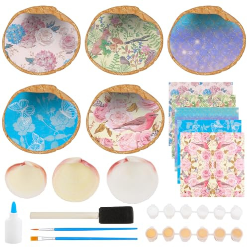 WEBEEDY 5 Sets Oyster Shells for Crafts DIY Beach Oyster Shell Ring Dish Kit with 5 White Natural Shells 10 Pcs Decoupage Paper Napkin Paint and Brushes,Summer DIY Ornament Jewelry Tray Birthday Gift