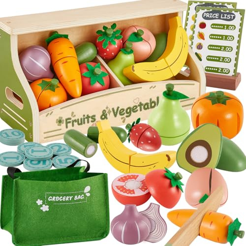 BUYGER Cibo da Tagliare Frutta e Verdura Giocattolo, Accessori Cucina Bambini con Bancarella, Monete Finti, Borsa a Mano, Educativo Giochi di Ruolo, Regalo di Natale per Bimbo 18 + Mesi 3 + Anni