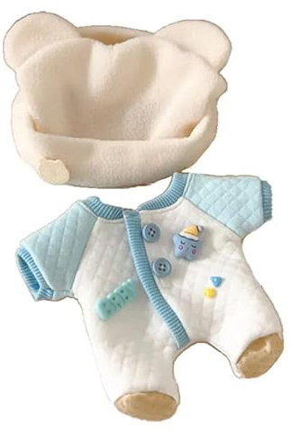 Baumwoll-Puppen-Kleidungsset für 20 cm große Plüschpuppen, Zubehör für keine Puppe, 1 blauer Kletteranzug + 1 Hut