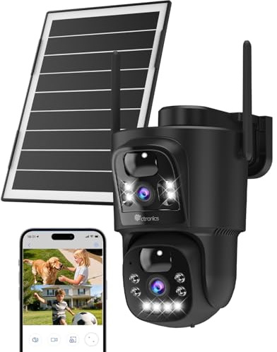 Ctronics Dual Objektiv Überwachungskamera Aussen Solar, 2.4/5GHz WLAN Kamera Outdoor Kabellos, 8W Solarpanel & 10400mAh Akku, Duale PIR, Farbnachtsicht, 128GB TF/Cloud/PC, IP66