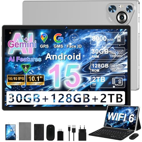 Dghrti 2025 Tablette Android 15 10 Écran IPS HD | 30Go RAM 128Go + TF 1To | Octo-Core 8000mAh | Wi-FI 6 | Widevine L1 | Caméra 8MP+5MP | Châssis en métal | Tablet avec Clavier et Souris | Gris
