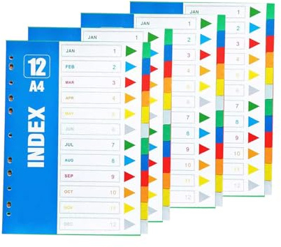 1-12 Part Dividers A4, 4PCS Coloured Plastic Dividers, 11-Holes Lever Arch Files Dividers Ring Binders for Office School Use