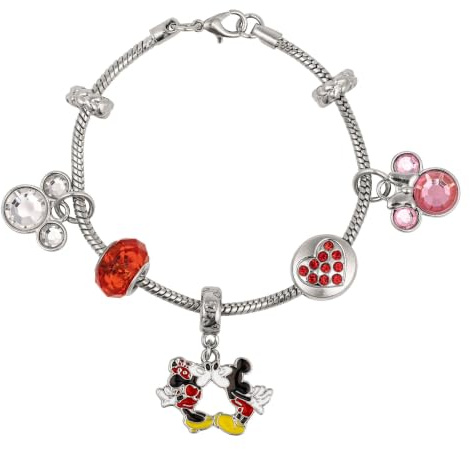Disney Pulsera chapada en rodio con cuentas de cristal de Mickey y Minnie