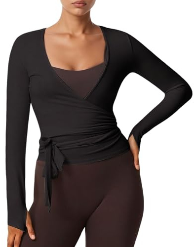 Cache-Coeur De Danse Femmes Uni Col V à Manches Longues Pilates Haut Coupe Ajustée Exercice Yoga Tops Ballet Bandage Cardigan Doux et Confortable Femme Sport Hauts