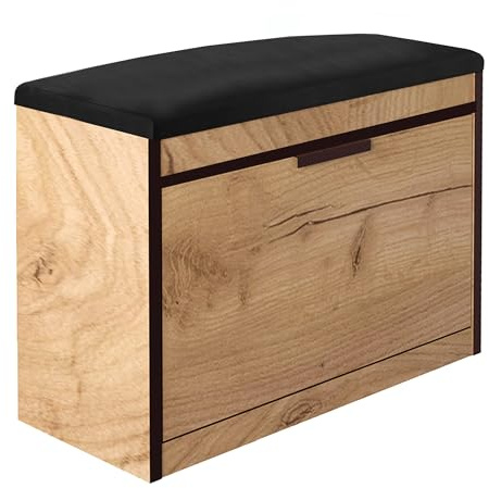MEBLE GRZYBEK Schuhschrank 55x64x28 cm mit öffnenden Sitz - Praktische Schuhkipper mit Klappe für Optimale Schuhaufbewahrung - Schuhregal mit Laminierte Holzplatte Gold Eiche