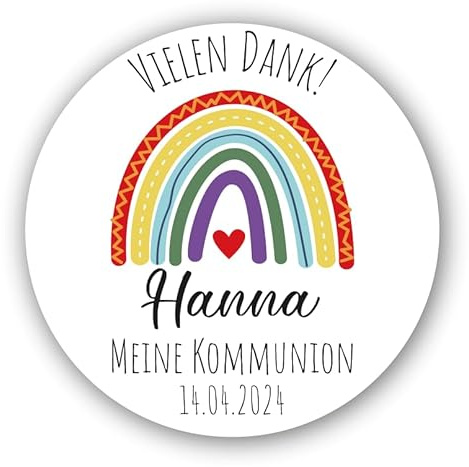 LittleVeeDesign 24 personalisierte Aufkleber Vielen Dank mit Boho Regenbogen| Kommunion, Taufe, Konfirmation, Geburtstag| personalisiert mit deinem Wunschnamen | runde Sticker 4 cm