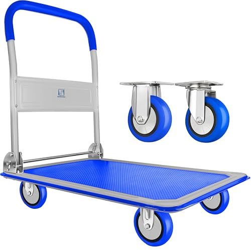 Wellmax, Schiebewagen mit beweglicher Plattform, zusammenklappbar für einfache Lagerung, 360 Grad drehbare Räder mit 150 kg Tragkraft, blau