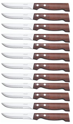 Arcos Serie Cuchillos de Mesa Caja 12 uds Cuchillo Chuletero, Hoja Serrada de Acero Inoxidable NITRUM de 110 mm, Mango Madera Comprimida Color marrón (12 UDS)