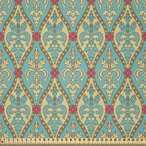 ABAKUHAUS Damast Stoff als Meterware, Weinlese-Laub-Blatt, Microfaser Multi Zweck Dekostoff für Kunsthandwerke, 3M (230x300cm),Rosa Blau Tan