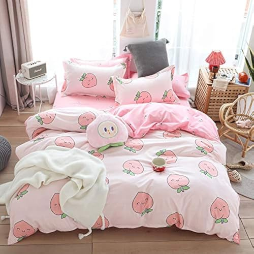 Cartoon Duvet Cover Set Queen Pink Peach Bedding Set Kid Kawaii Bedding Set Girl Lovely Peach Comforter Cover Cute Fruits Quilt Cover Tropical Plant Bedding Reversible Soft Bedspread Cover Room Decor