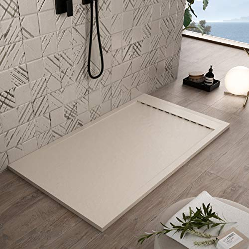 Luminosa ArredoBagno Plato de ducha resina 170 x 90 cm – Efecto piedra antideslizante con gel – Modelo Luxury Crema – Parrilla de color liso y desagüe incluidos