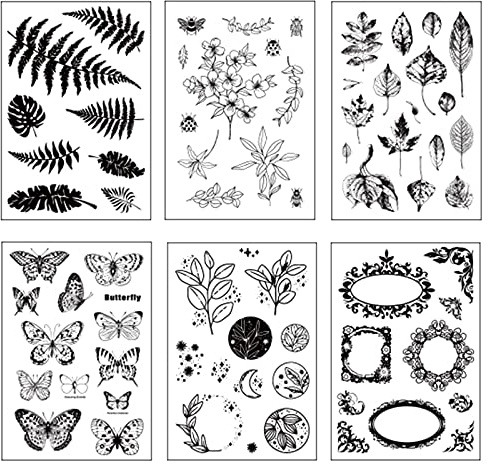 Cutefly 6 Blätter Silikonstempel, klar Silikonstempel Set Vintage Pflanzen Blumen Schmetterling Silikonstempel Clearstamp Set für DIY Bullet Journal Scrapbooking Fotoalbum Kartenherstellung