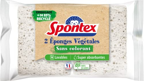 SPONTEX, 2 esponjas vegetales sin colorantes, empaquetadas con un 85% de plástico reciclado, absorben 20 veces su peso en seco, 100% vegetales, sin colorantes y fabricadas en Francia