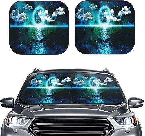 Auto Scheibenabdeckung Sommer Auto Zubehör Sonnenschutz 2-teilig 74x60cm mit Aufbewahrungstasche Sonnenschutz Auto Frontscheibe Schwarze Faltbar Motiv Nachthimmel Meer Mond Auto Sonnenschutz