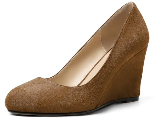AUMOTED Women's Round Toe 3.5 Inch High Wedge Heels Pumps Slip On Wedges Shoes for Party Prom Wedding Dress Shoes Suede Brown US Size 9