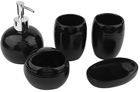 5pcs accessoires de salle de bain en céramique kit comptoir vanité ensemble distributeur lotion porte-brosse à dents ensemble bain cadeau pendaison crémaillère pour la maison intérieur hôt(Le noir)