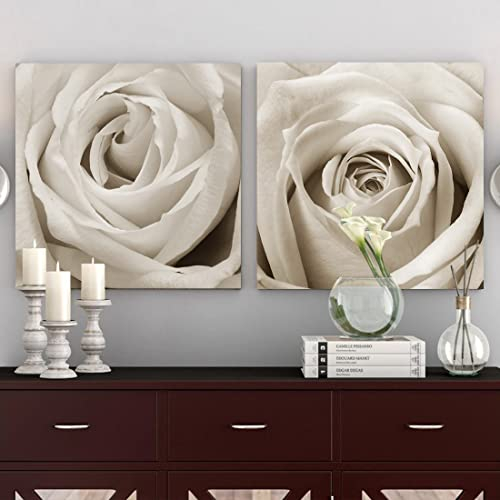 Gardenia Art Weiße Rose, Wandkunst für Schlafzimmer, schwarz-weiß, Leinwand, Wandkunst, Rosenbilder für Wohnzimmer, Heimdekoration, Blumenmalerei, Paare, Schlafzimmer, 30.5x30.5 cm, 2 Stück