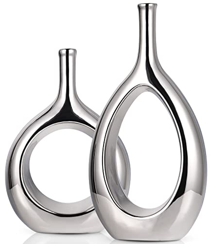 Glänzende Silberne Keramikvasen, Heimdekoration, moderner, minimalistischer Kreis mit Loch, dekorative Vase, Hohle Ellipsenblumenvasen für Bücherregal, Kaminsims, Tafelaufsätze, Bauernhaus, rustikale