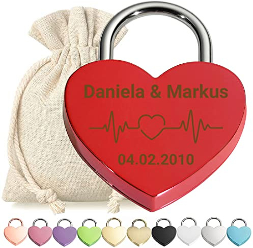 Herz Liebes-Schloss Bügelschloss Vorhängeschloss Graviert Rot - Motiv Herzfrequenz - personalisiert - weißer Stoffbeutel - Geschenkidee Valentinstag - Paar-Geschenk present - jetzt gestalten