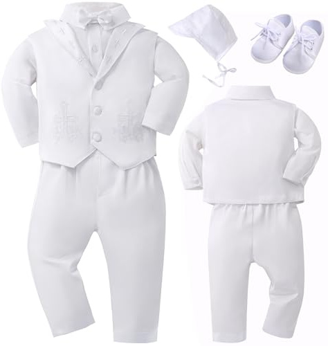 Booulfi Taufanzug Junge Baby Taufkleid Taufanzug Junge Anzug Baby Jungen Bekleidungsset Gentleman Set mit weißen Hemden Weste Hosen Schuhe Kappe Taufe Geschenk 6-9 Monate