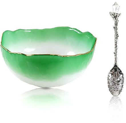 Soulnioi Ensaladera de cristal con incrustaciones doradas, cuchara de estilo vintage, 16 cm, 300 ml, vidrio, multiusos, vintage, verde, ondas de agua y patrón floral