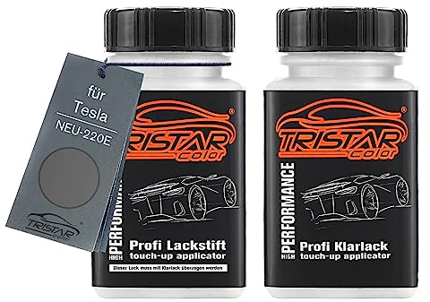 TRISTARcolor Lackstift für Tesla NEU-220E Magneto Metallic Shadow +1K | Autolack, Set aus Basislack + Klarlack, Lackfläschchen mit Pinsel, je 50ml