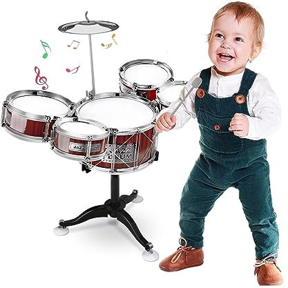 Schlagzeug für Kinder, Jazz Drum Set, Schlagzeug Spielzeug für Kinder, Mini Drum Set Musikinstrumente mit 5 Trommeln, 1 Teller, 2 Drumsticks, pädagogisches Schlaginstrument