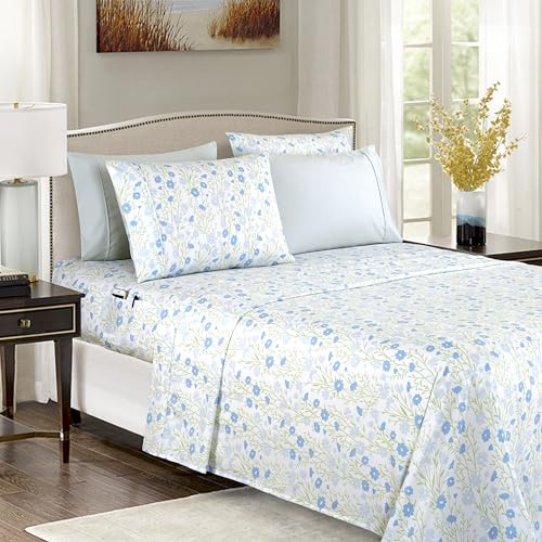 Elegant Comfort Softest and Coziest 6-Piece Sheet Set - 1500 Premium Hotel Quality Microfiber - Deep Pocket, Wrinkle Resistant 6-Piece Floral Bed Sheet Set, California King, Laurel Blue