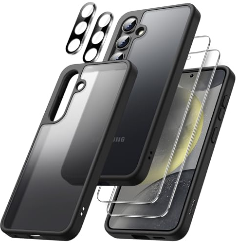 JETech 5 in 1 Matte Case for Samsung Galaxy S24, Black | 2 Tempered Glass Screen Protectors, 2 Camera Lens Protectors, Translucent Back Protective Phone Cover