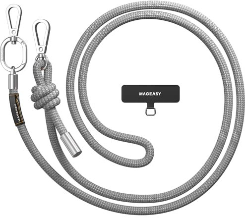MAGEASY Crossbody Cell Phone Lanyard - Thick Rope Cell Phone Lanyard | 8.3mm Thick Universal Adjustable Phone Strap for iPhone, Samsung & More | For Traveling, Hiking, Daily Use - Gray