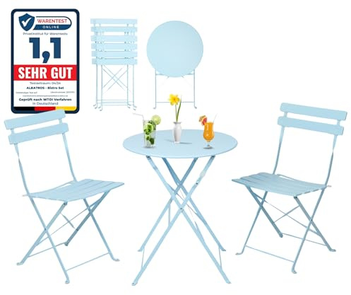 Albatros - Set da bistrò blu, tavolo e 2 sedie pieghevoli in metallo resistente, ideale per balcone o giardino
